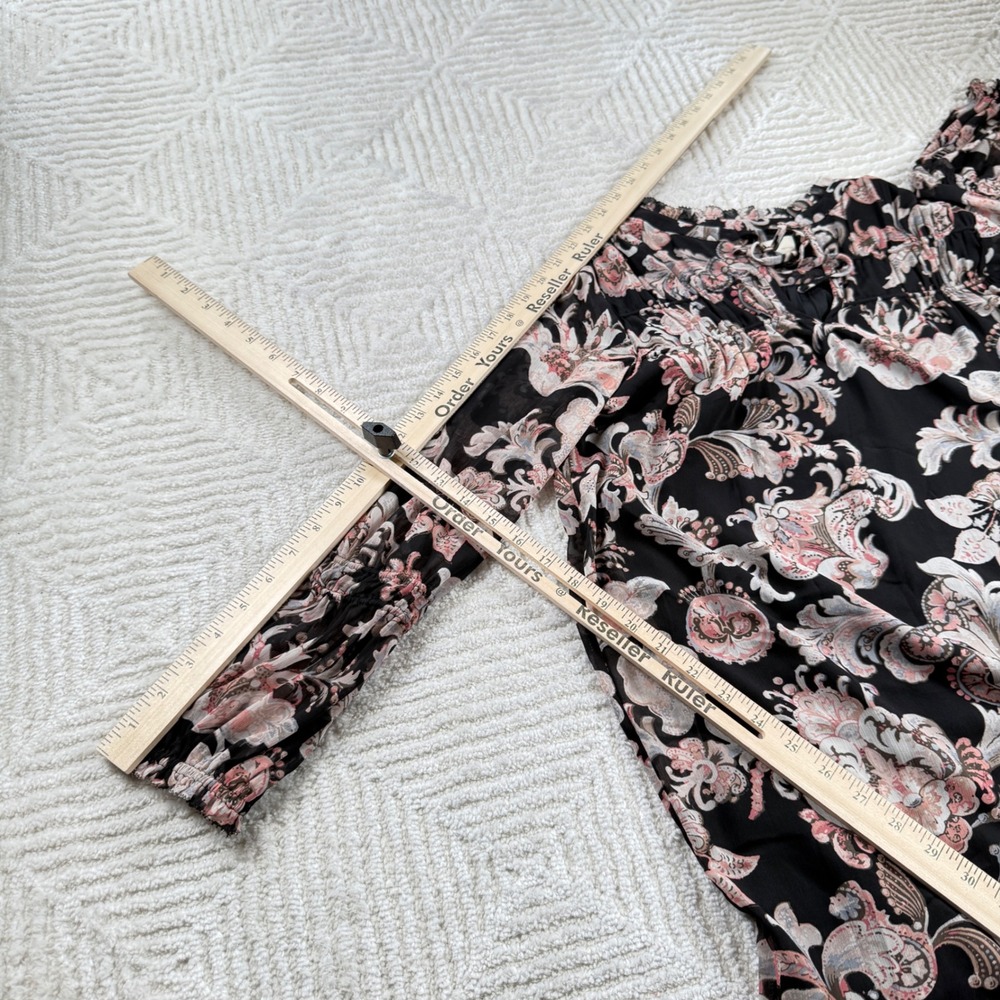 LOFT Dress Petite XXS Black Pink Floral Print Boho Sheer Sleeve Mini Brunch Date - Picture 8 of 12